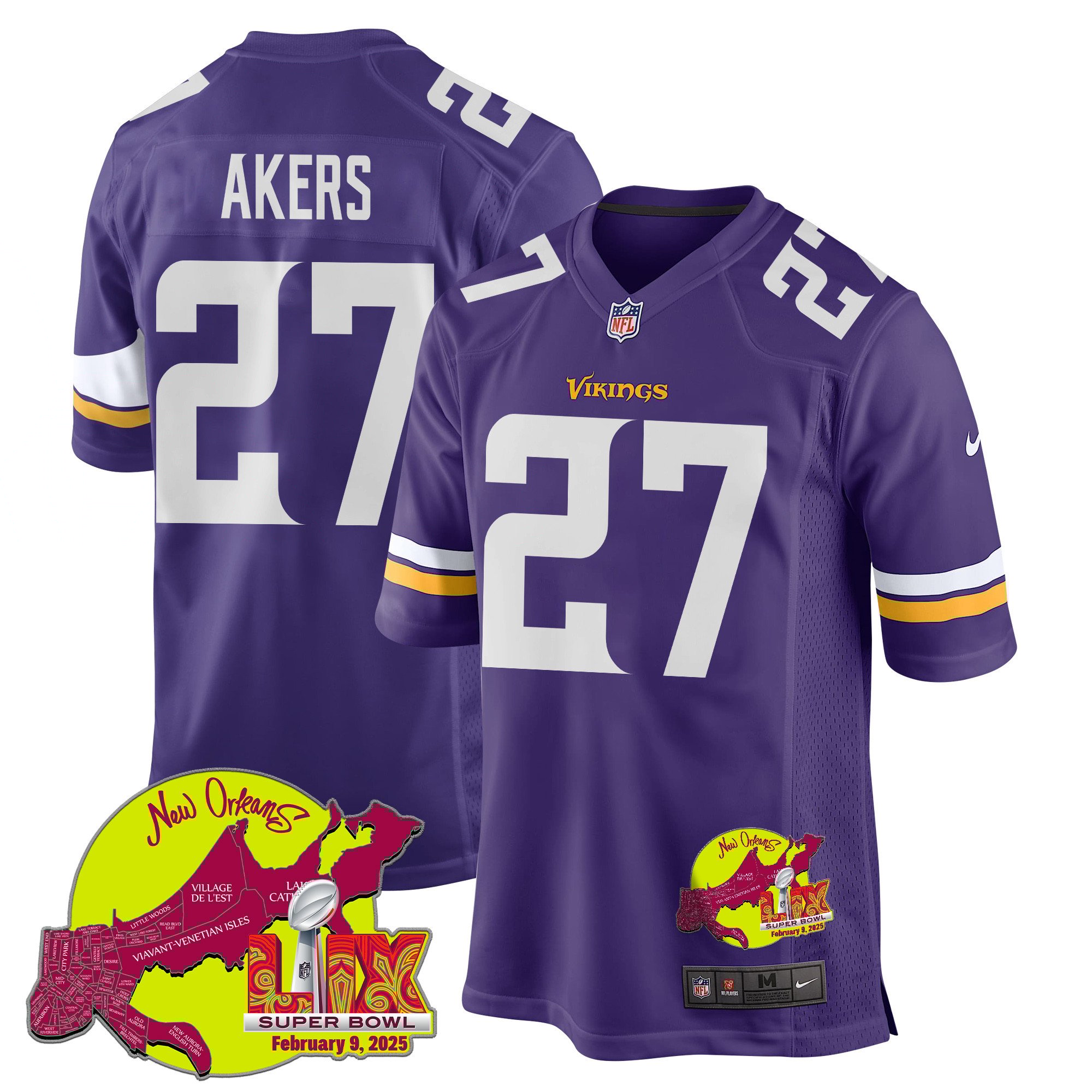 Cam Akers 27 Minnesota Vikings Super Bowl LIX New Orleans Patch Game Men Jersey - Purple JS9387 Saliibo