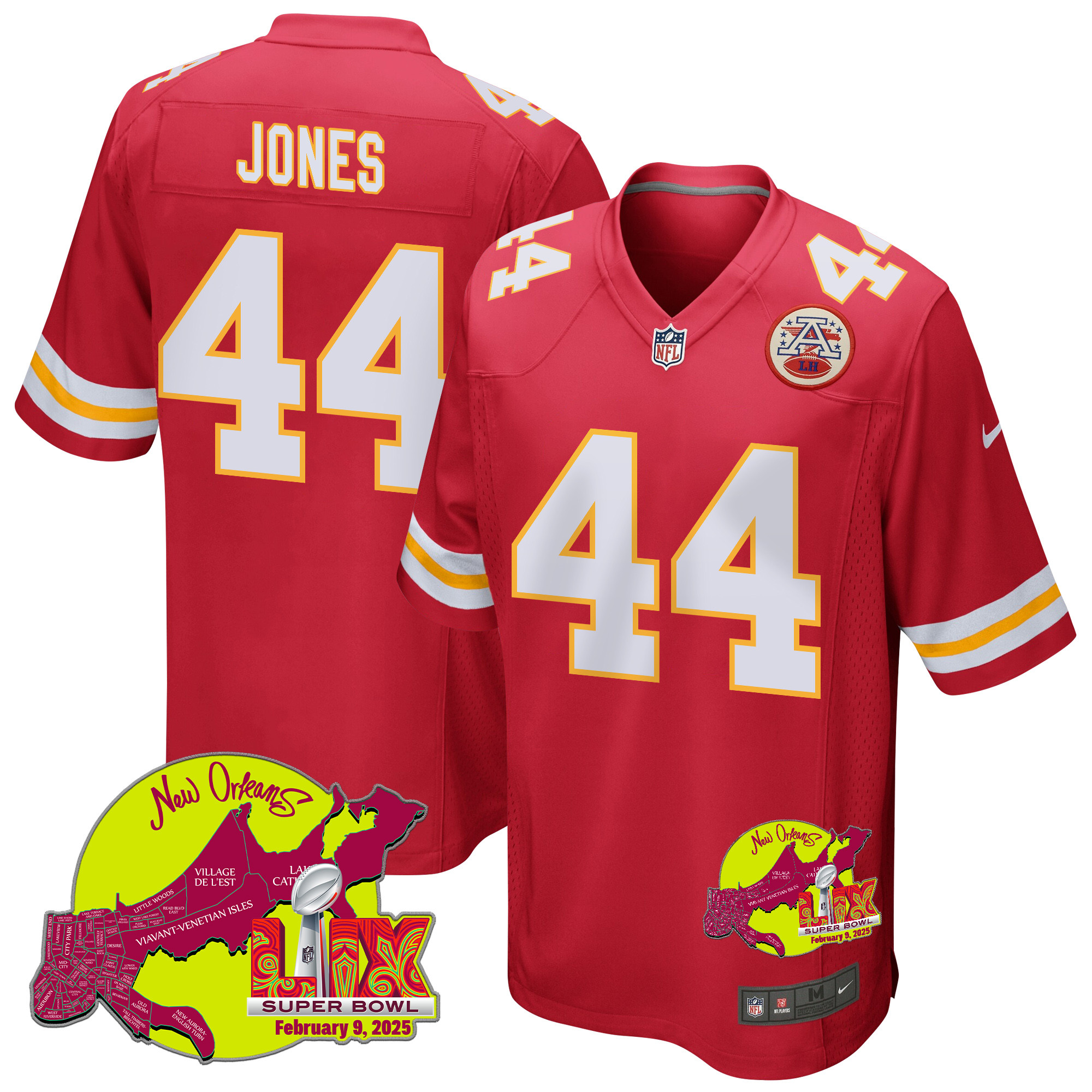 Cam Jones 44 Kansas City Chiefs Super Bowl LIX New Orleans Patch Game Men Jersey - Red JS2936 Saliibo