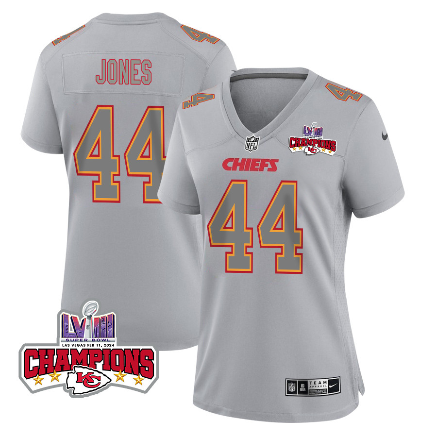 Cam Jones 44 Kansas City Chiefs Super Bowl LVIII Champions 4 Stars Patch Atmosphere Fashion Game Women Jersey - Gray JS4230 Saliibo