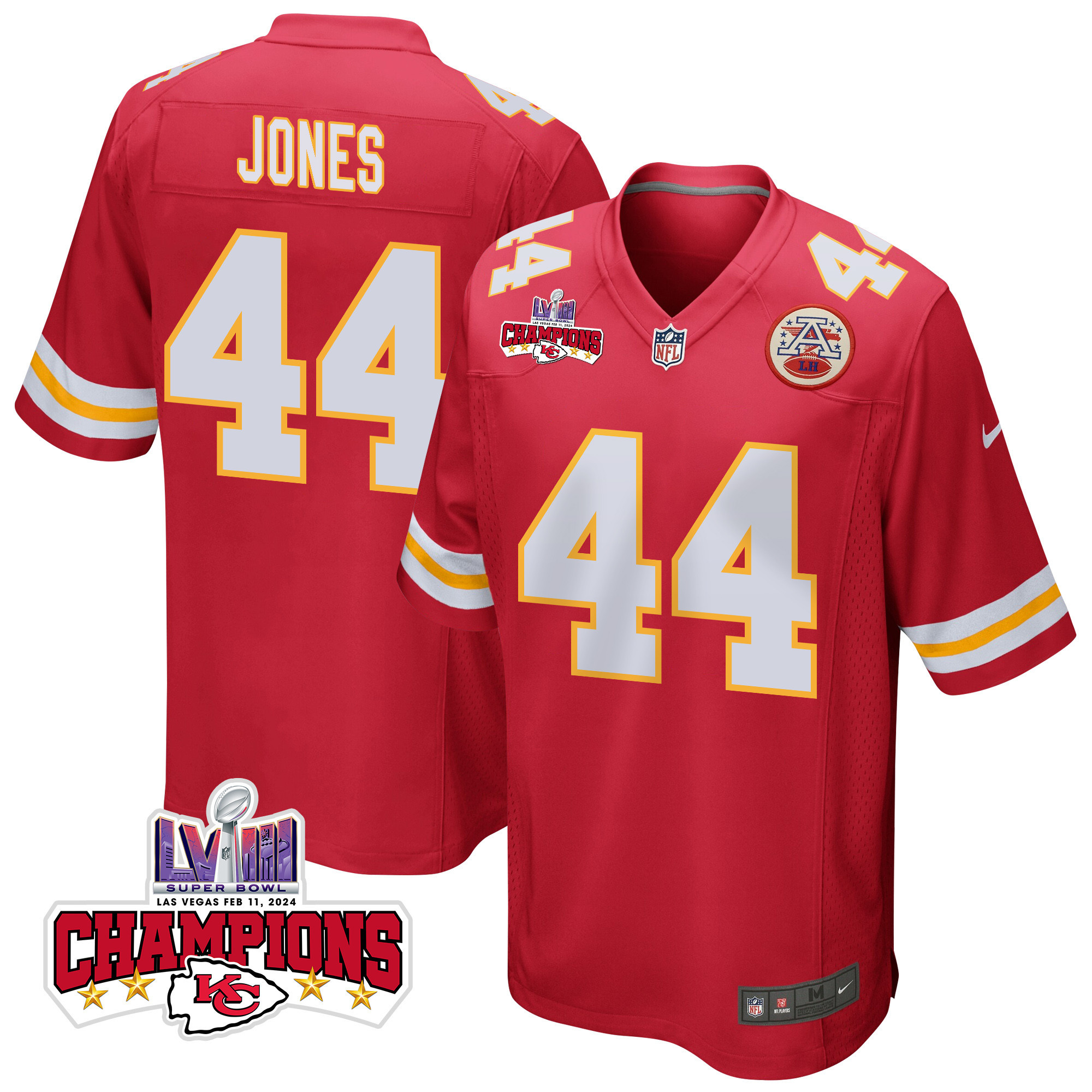Cam Jones 44 Kansas City Chiefs Super Bowl LVIII Champions 4 Stars Patch Game Men Jersey - Red JS3395 Saliibo