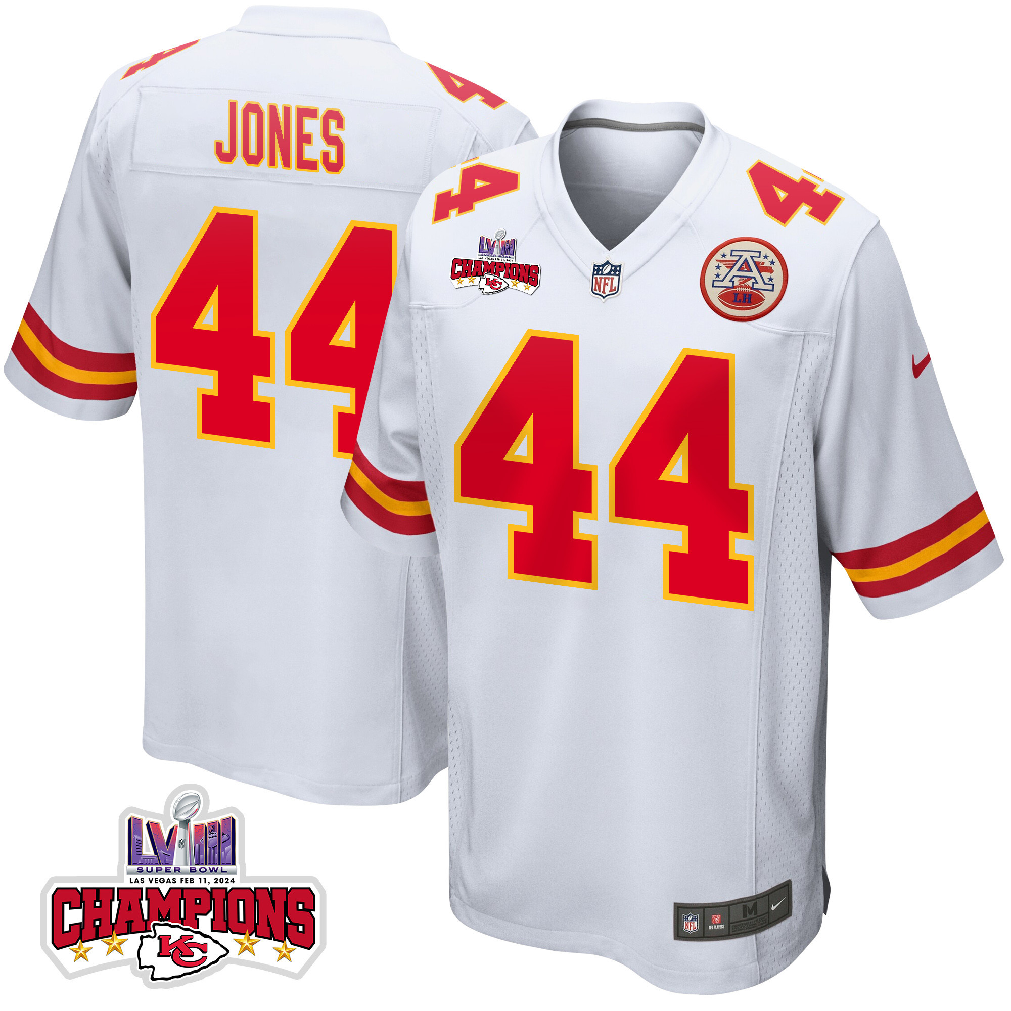 Cam Jones 44 Kansas City Chiefs Super Bowl LVIII Champions 4 Stars Patch Game Men Jersey - White JS5977 Saliibo