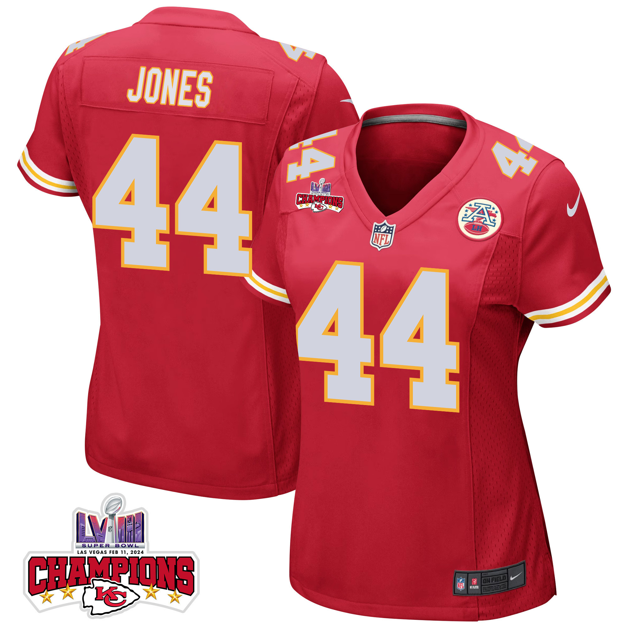 Cam Jones 44 Kansas City Chiefs Super Bowl LVIII Champions 4 Stars Patch Game Women Jersey - Red JS1337 Saliibo