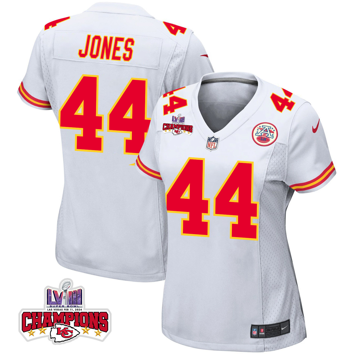 Cam Jones 44 Kansas City Chiefs Super Bowl LVIII Champions 4 Stars Patch Game Women Jersey - White JS1322 Saliibo