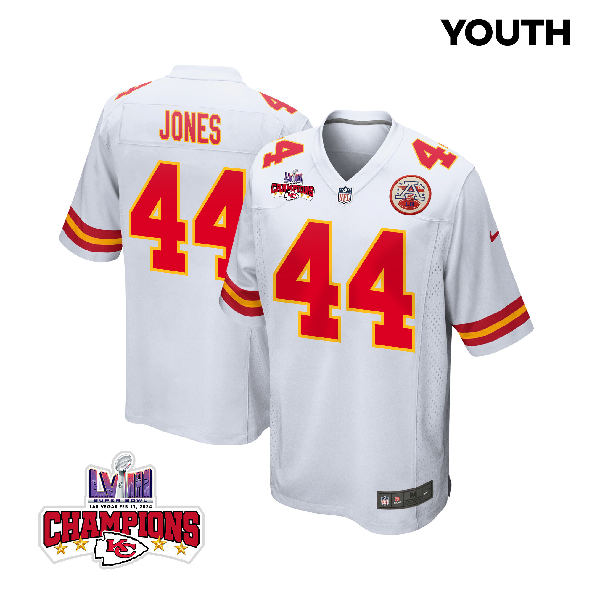 Cam Jones 44 Kansas City Chiefs Super Bowl LVIII Champions 4 Stars Patch Game YOUTH Jersey - White JS8859 Saliibo