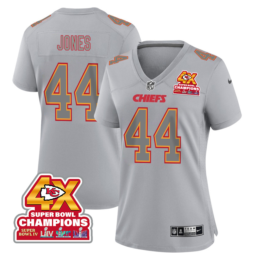 Cam Jones 44 Kansas City Chiefs Super Bowl LVIII Champions 4X Atmosphere Fashion Game Women Jersey - Gray JS7037 Saliibo