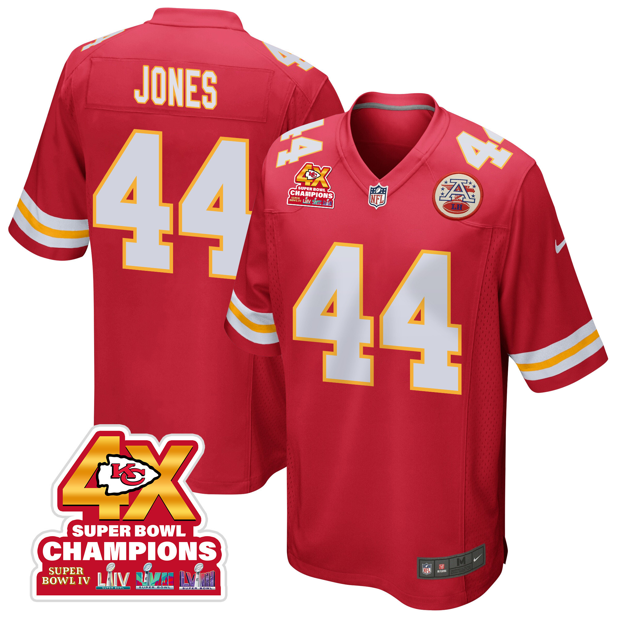 Cam Jones 44 Kansas City Chiefs Super Bowl LVIII Champions 4X Game Men Jersey - Red JS5098 Saliibo