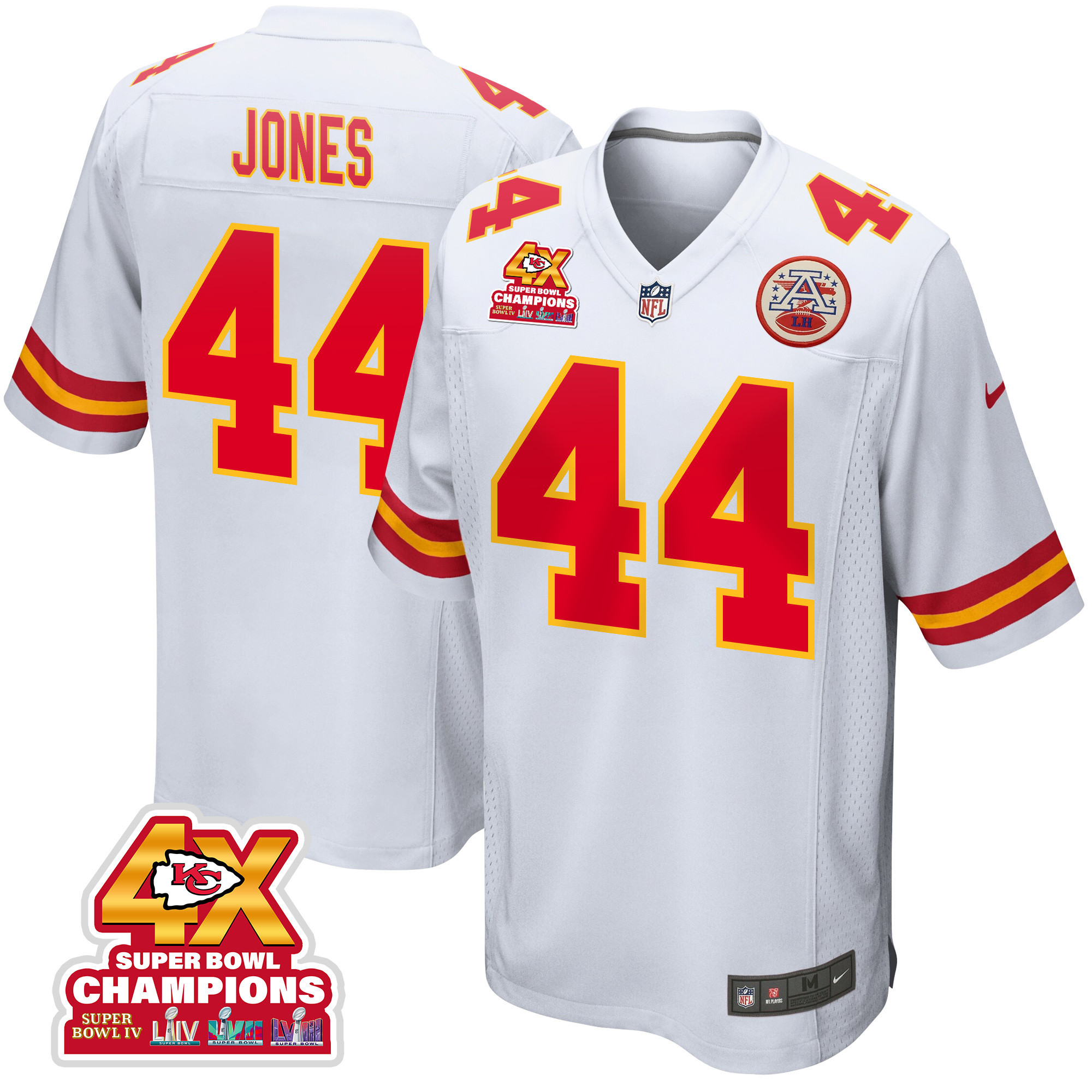 Cam Jones 44 Kansas City Chiefs Super Bowl LVIII Champions 4X Game Men Jersey - White JS9908 Saliibo