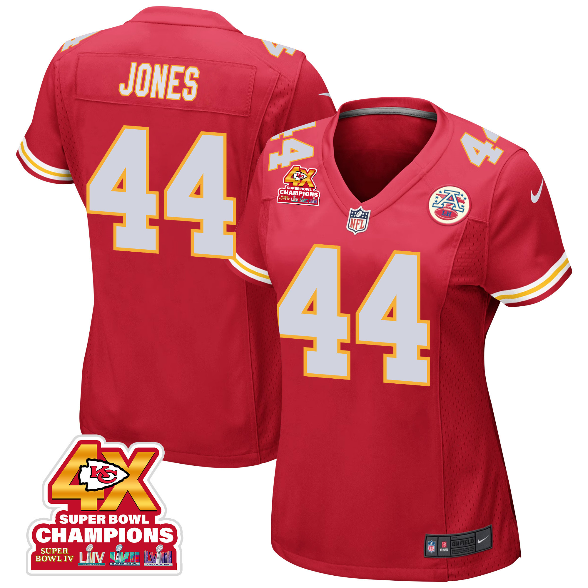 Cam Jones 44 Kansas City Chiefs Super Bowl LVIII Champions 4X Game Women Jersey - Red JS9867 Saliibo