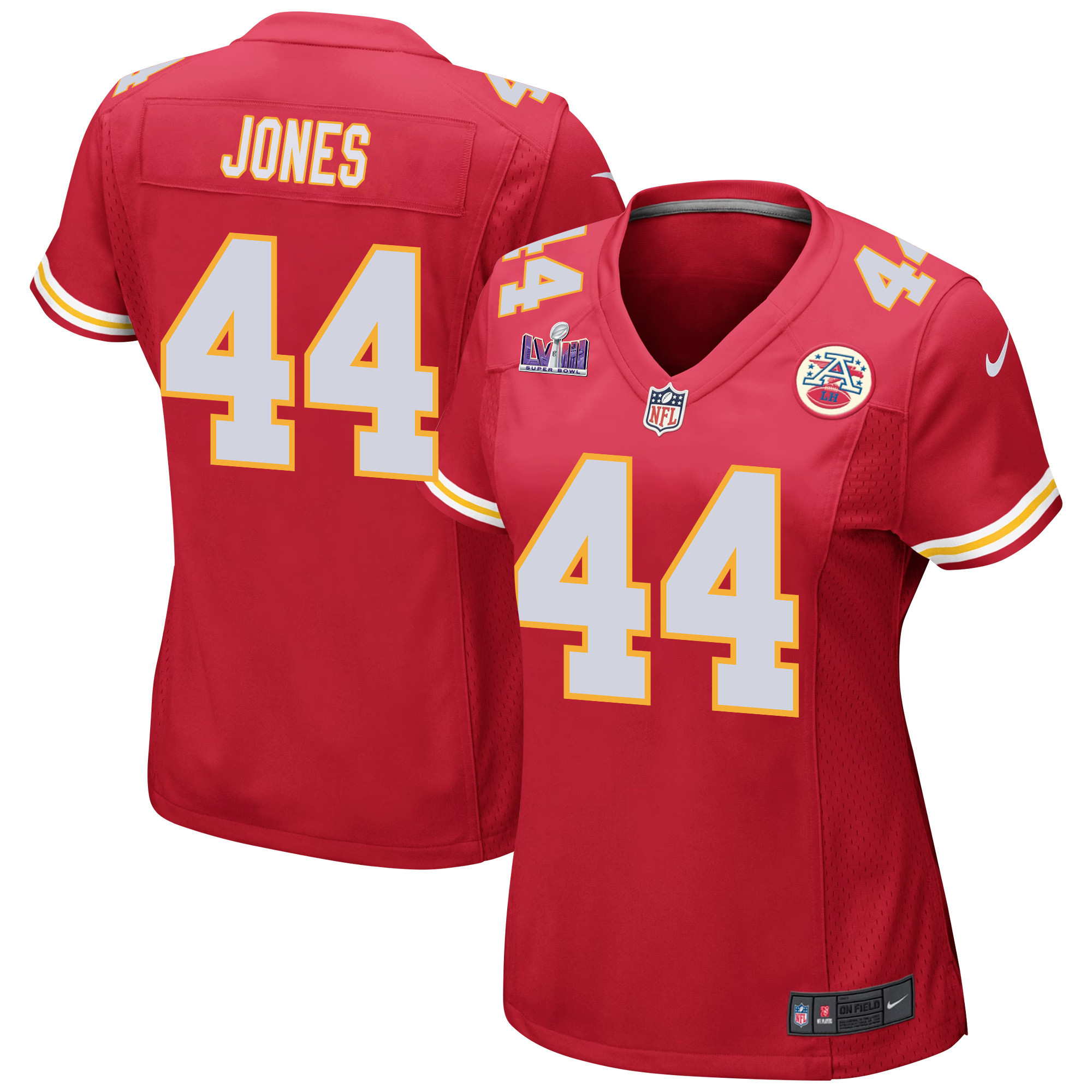 Cam Jones 44 Kansas City Chiefs Super Bowl LVIII Patch Game Women Jersey - Red JS4294 Saliibo