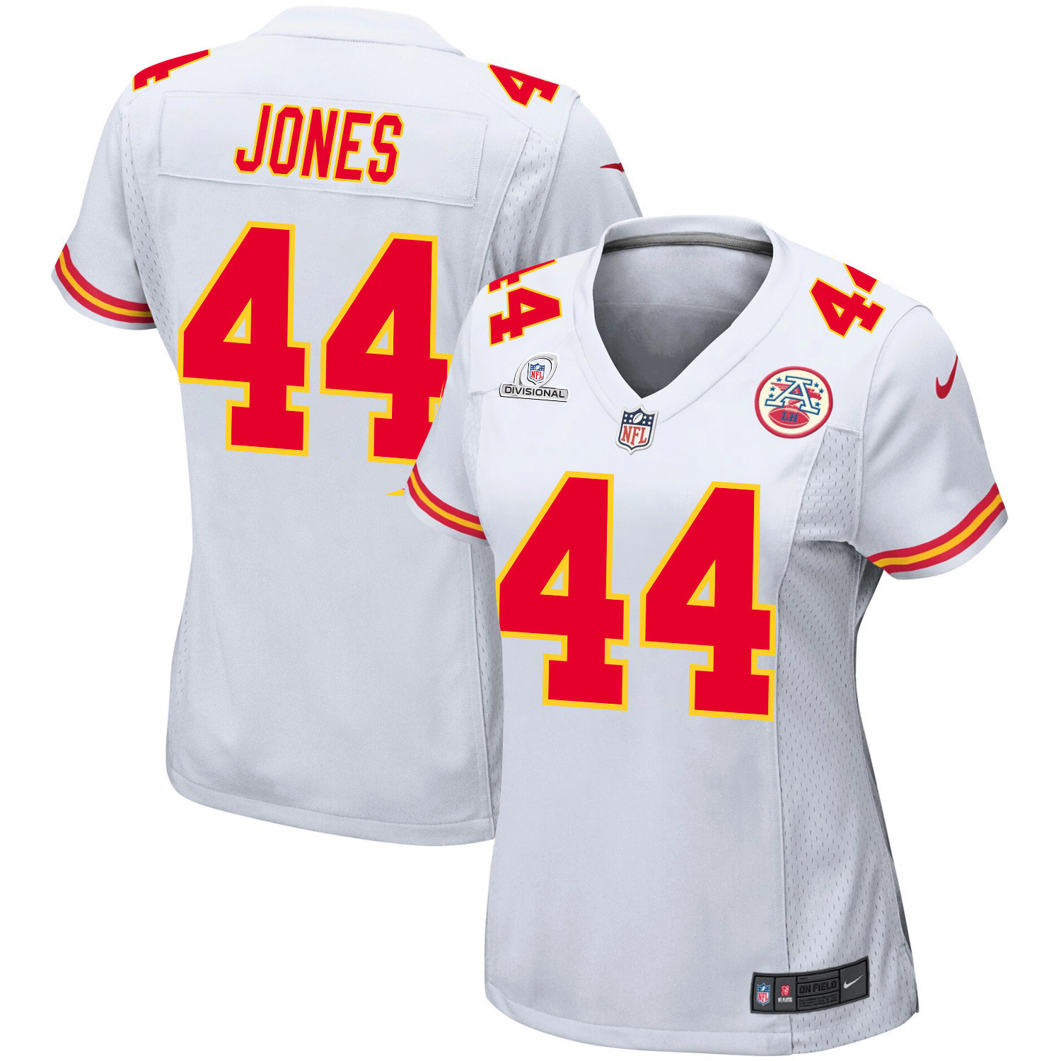 Cam Jones 44 Kansas City Chiefs Super Bowl LVIII Patch Game Women Jersey - White JS9705 Saliibo