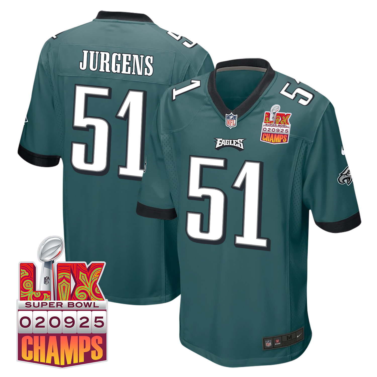 Cam Jurgens 51 Philadelphia Eagles Super Bowl LIX Champions Patch Game Men Jersey - Midnight Green JS1584 Saliibo