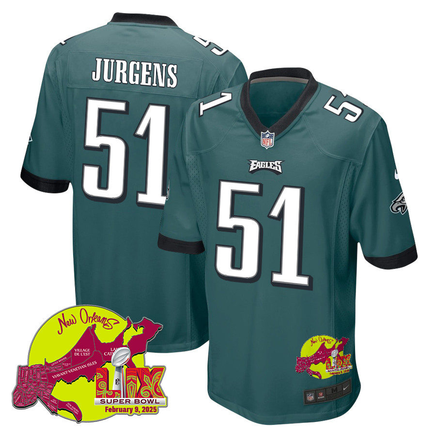 Cam Jurgens 51 Philadelphia Eagles Super Bowl LIX New Orleans Patch Game Men Jersey - Midnight Green JS5859 Saliibo