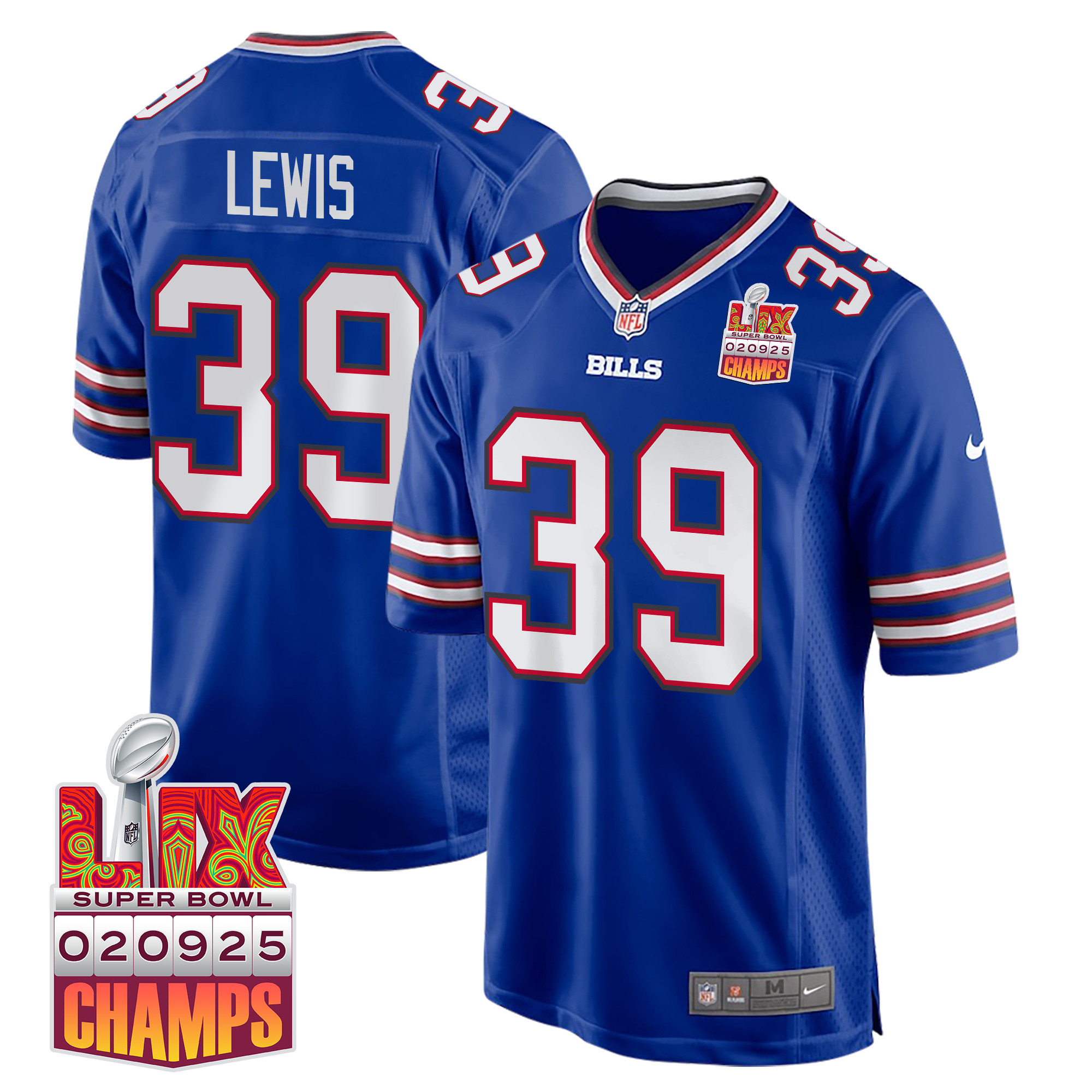 Cam Lewis 39 Buffalo Bills Super Bowl LIX Champions Patch Game Men Jersey - Royal JS9777 Saliibo