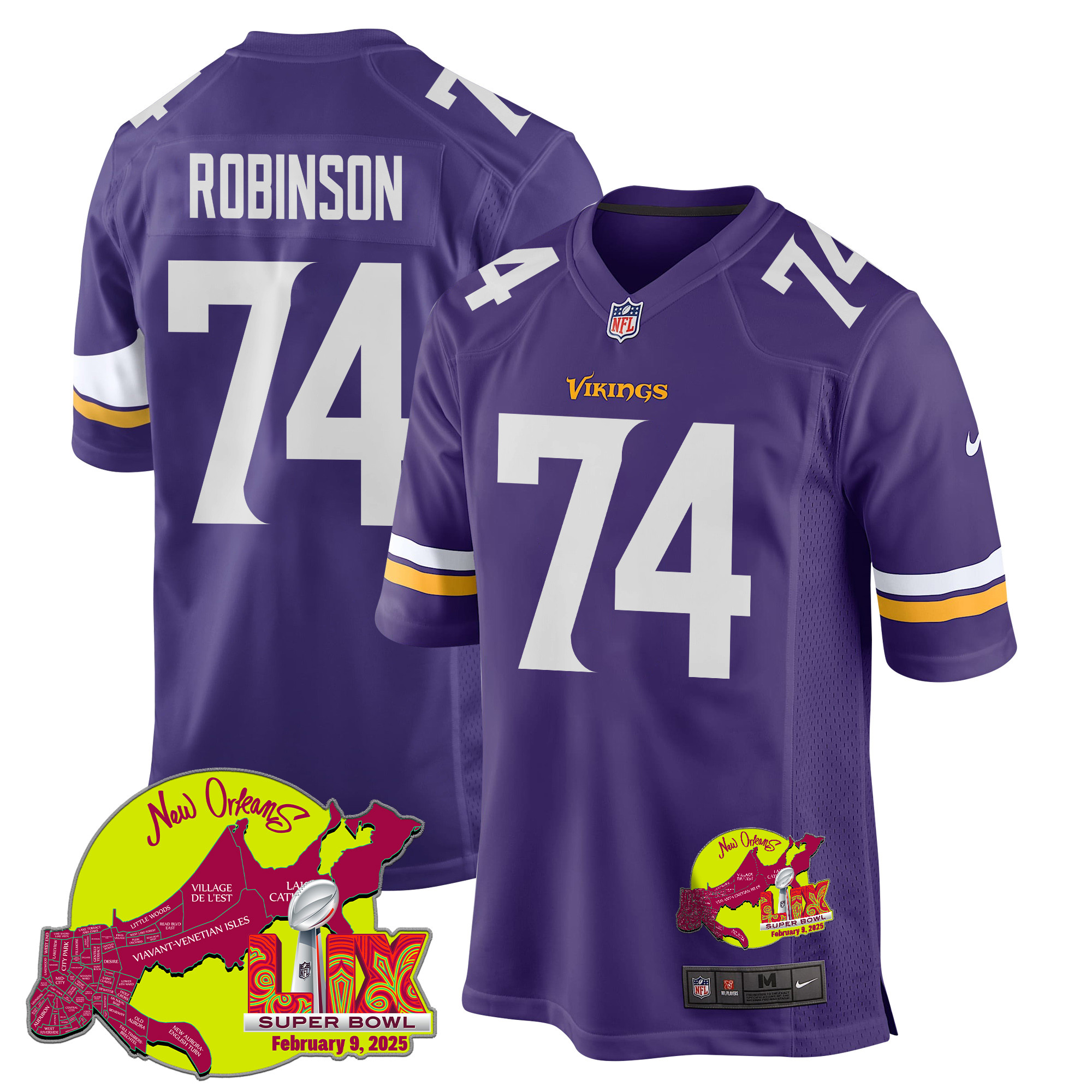 Cam Robinson 74 Minnesota Vikings Super Bowl LIX New Orleans Patch Game Men Jersey - Purple JS6223 Saliibo