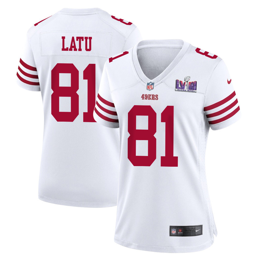 Cameron Latu 81 San Francisco 49ers Super Bowl LVIII Patch Game Women Jersey - White JS8664 Saliibo