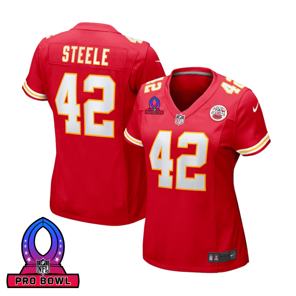 Carson Steele 42 Kansas City Chiefs 2025 Pro Bowl Patch Women Game Jersey - Red JS9459 Saliibo