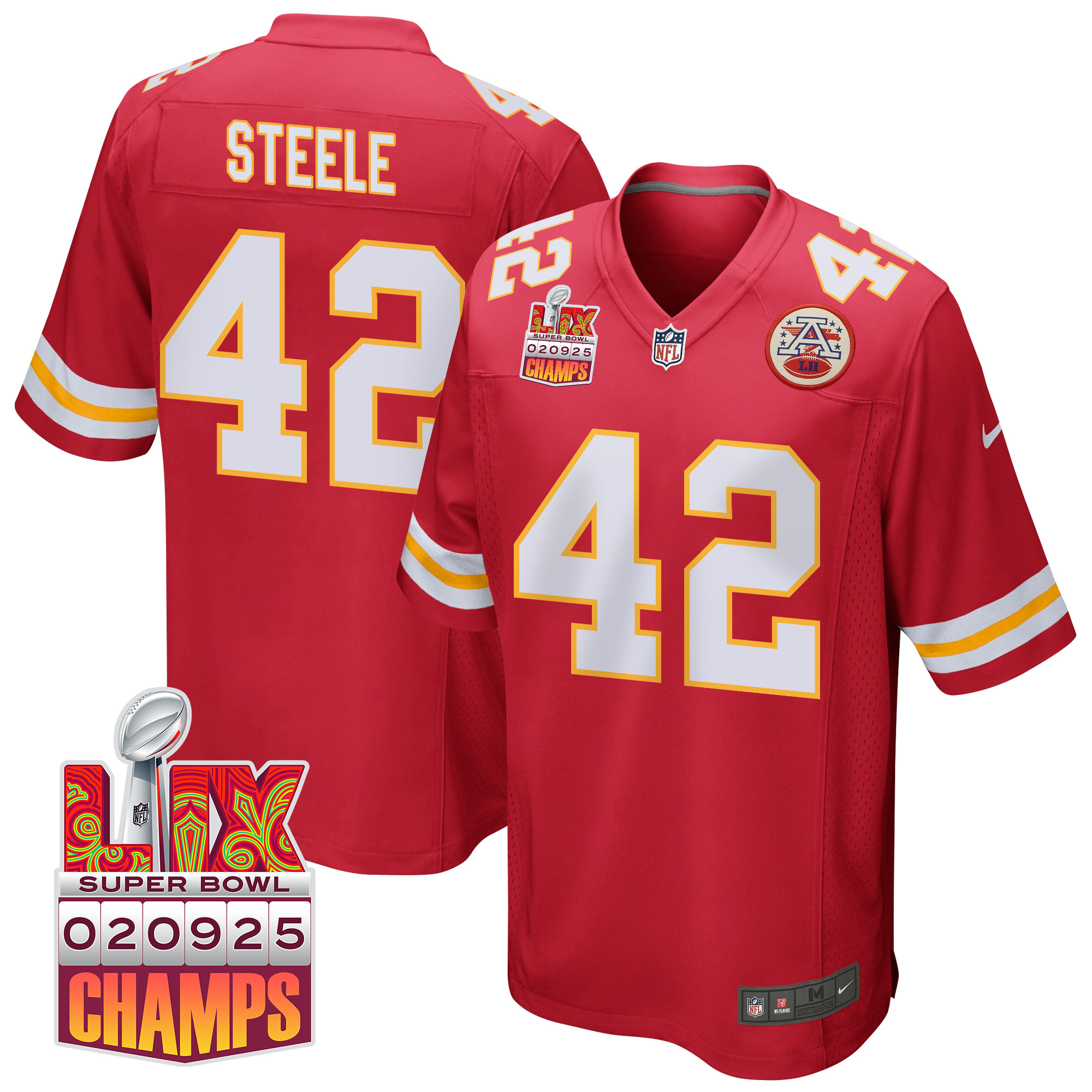 Carson Steele 42 Kansas City Chiefs Super Bowl LIX Champions Patch Game Men Jersey - Red JS3032 Saliibo