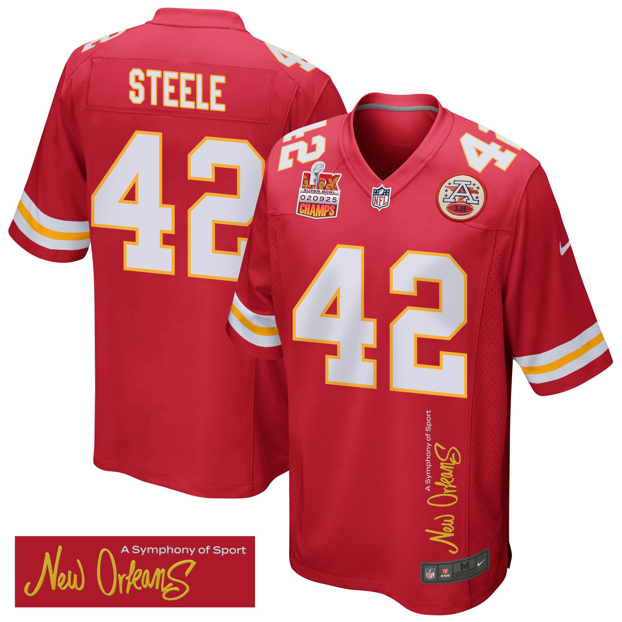 Carson Steele 42 Kansas City Chiefs Super Bowl LIX Champions Patch 'New Orleans - A Symphony of Sport' EMBROIDERED Game Men Jersey - Red JS4422 Saliibo