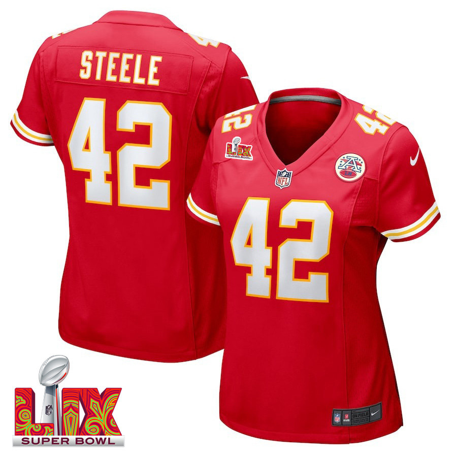 Carson Steele #42 Kansas City Chiefs Super Bowl LIX Women's Jersey - Red JS3686 Saliibo