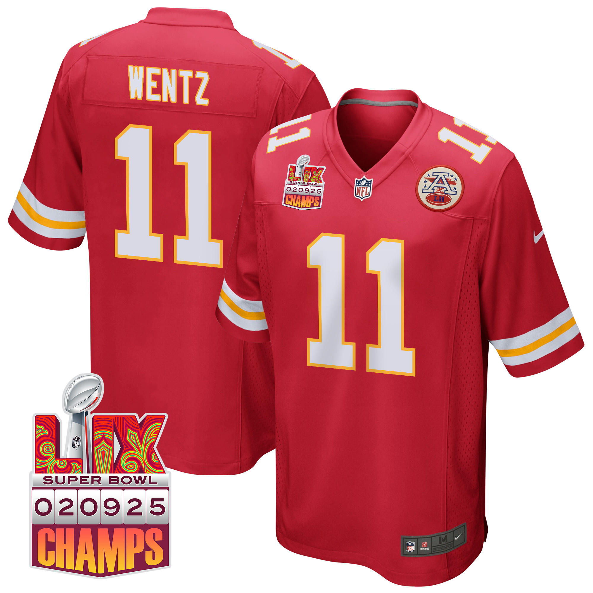 Carson Wentz 11 Kansas City Chiefs Super Bowl LIX Champions Patch Game Men Jersey - Red JS4289 Saliibo
