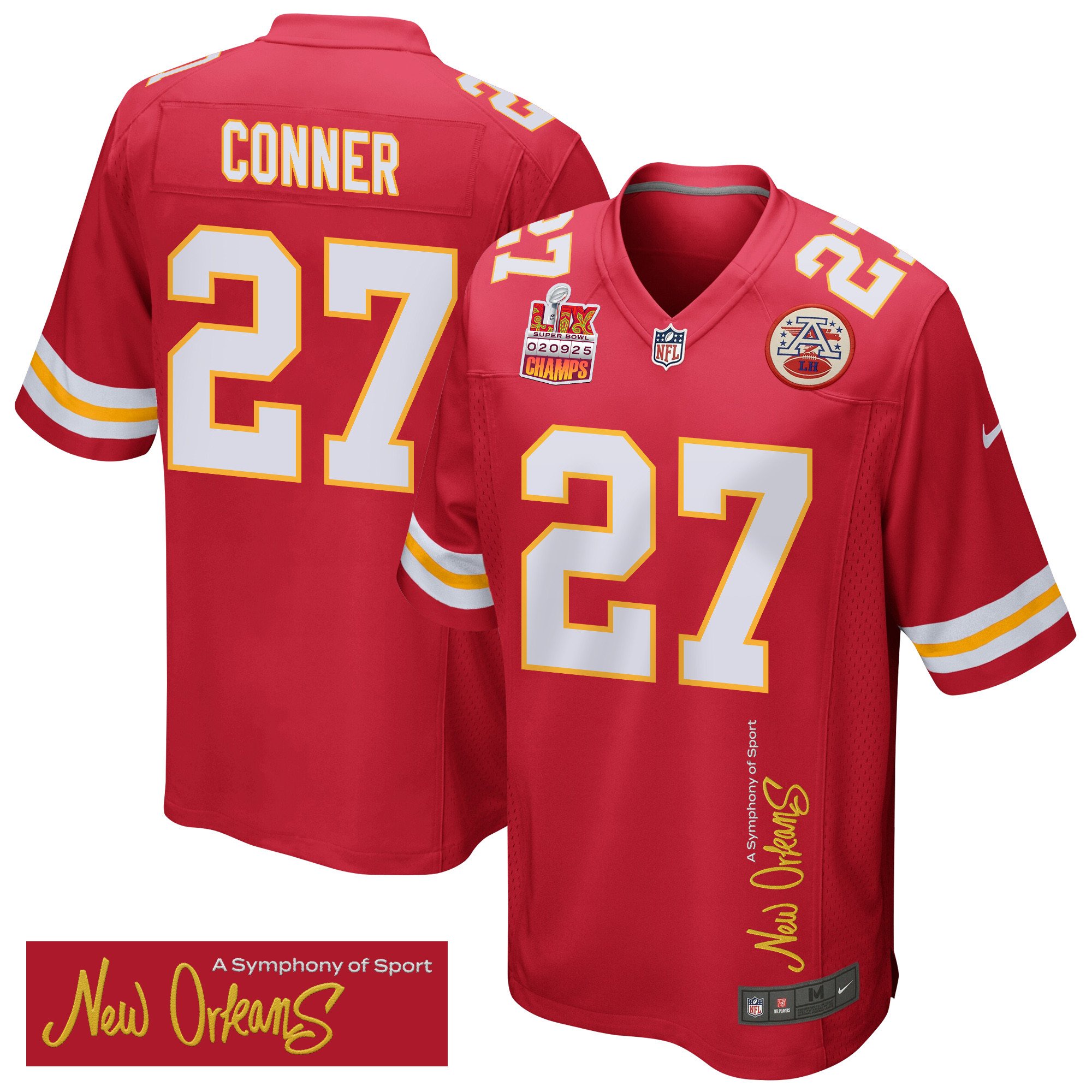 Chamarri Conner 27 Kansas City Chiefs Super Bowl LIX Champions Patch 'New Orleans - A Symphony of Sport' EMBROIDERED Game Men Jersey - Red JS9000 Saliibo