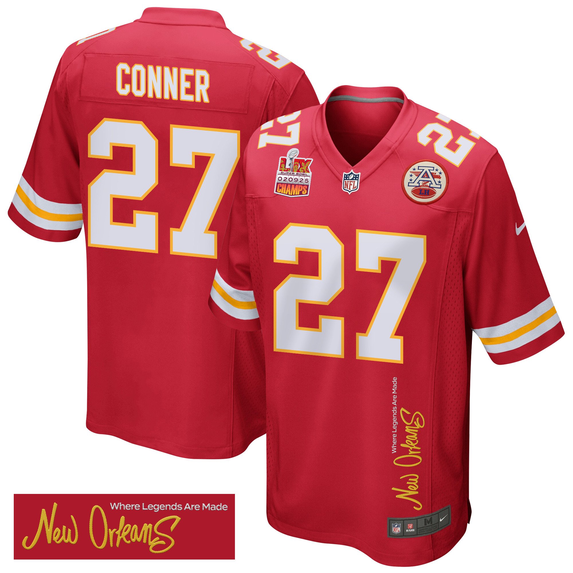 Chamarri Conner 27 Kansas City Chiefs Super Bowl LIX Champions Patch 'New Orleans - Where Legends Are Made' EMBROIDERED Game Men Jersey - Red JS9227 Saliibo