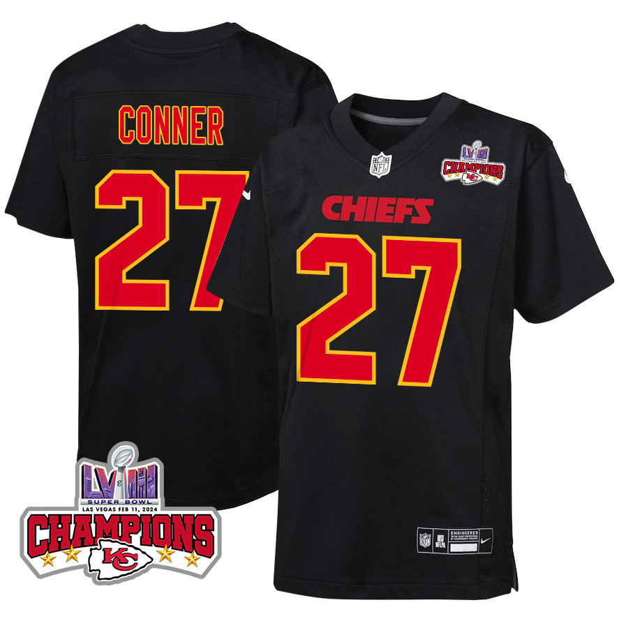 Chamarri Conner 27 Kansas City Chiefs Super Bowl LVIII Champions 4 Stars Patch Fashion Game YOUTH Jersey - Carbon Black JS6582 Saliibo