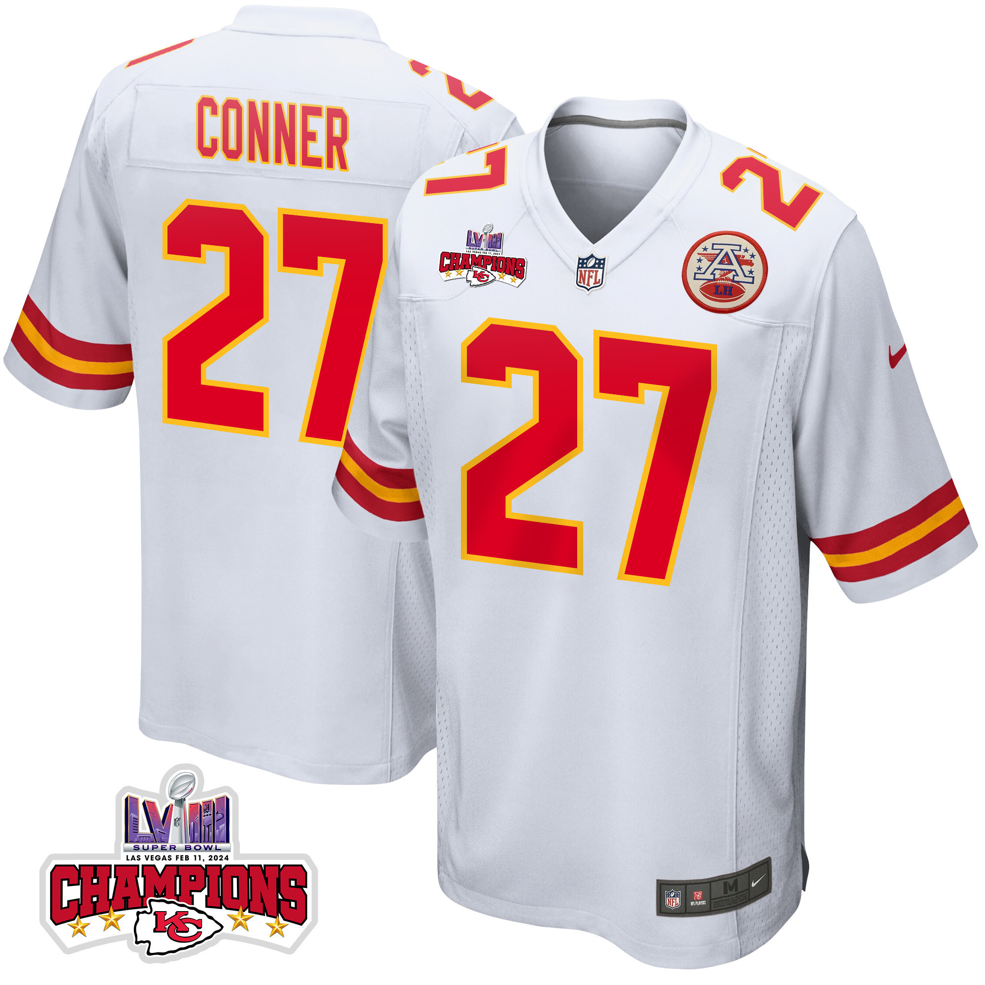 Chamarri Conner 27 Kansas City Chiefs Super Bowl LVIII Champions 4 Stars Patch Game Men Jersey - White JS4859 Saliibo