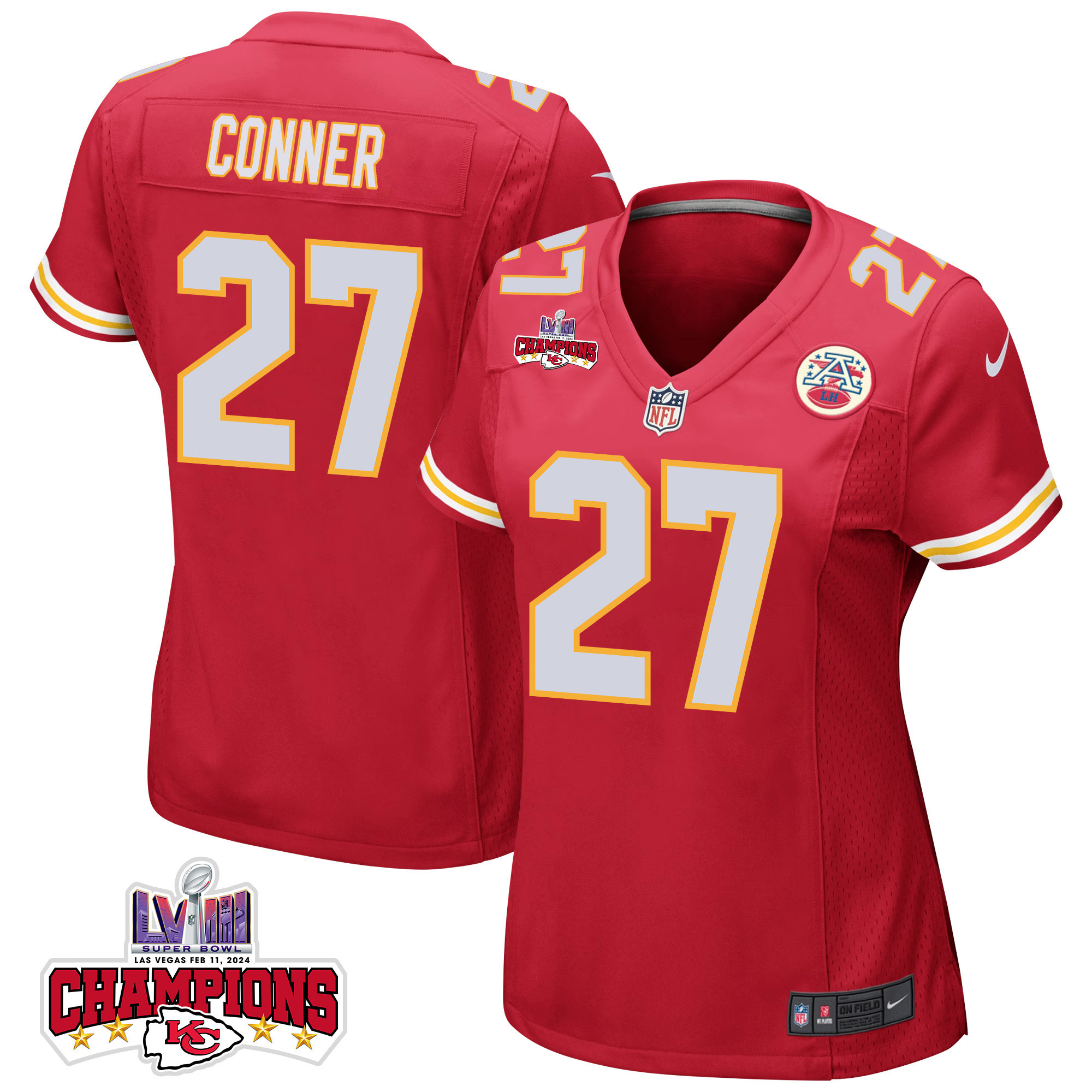 Chamarri Conner 27 Kansas City Chiefs Super Bowl LVIII Champions 4 Stars Patch Game Women Jersey - Red JS9886 Saliibo