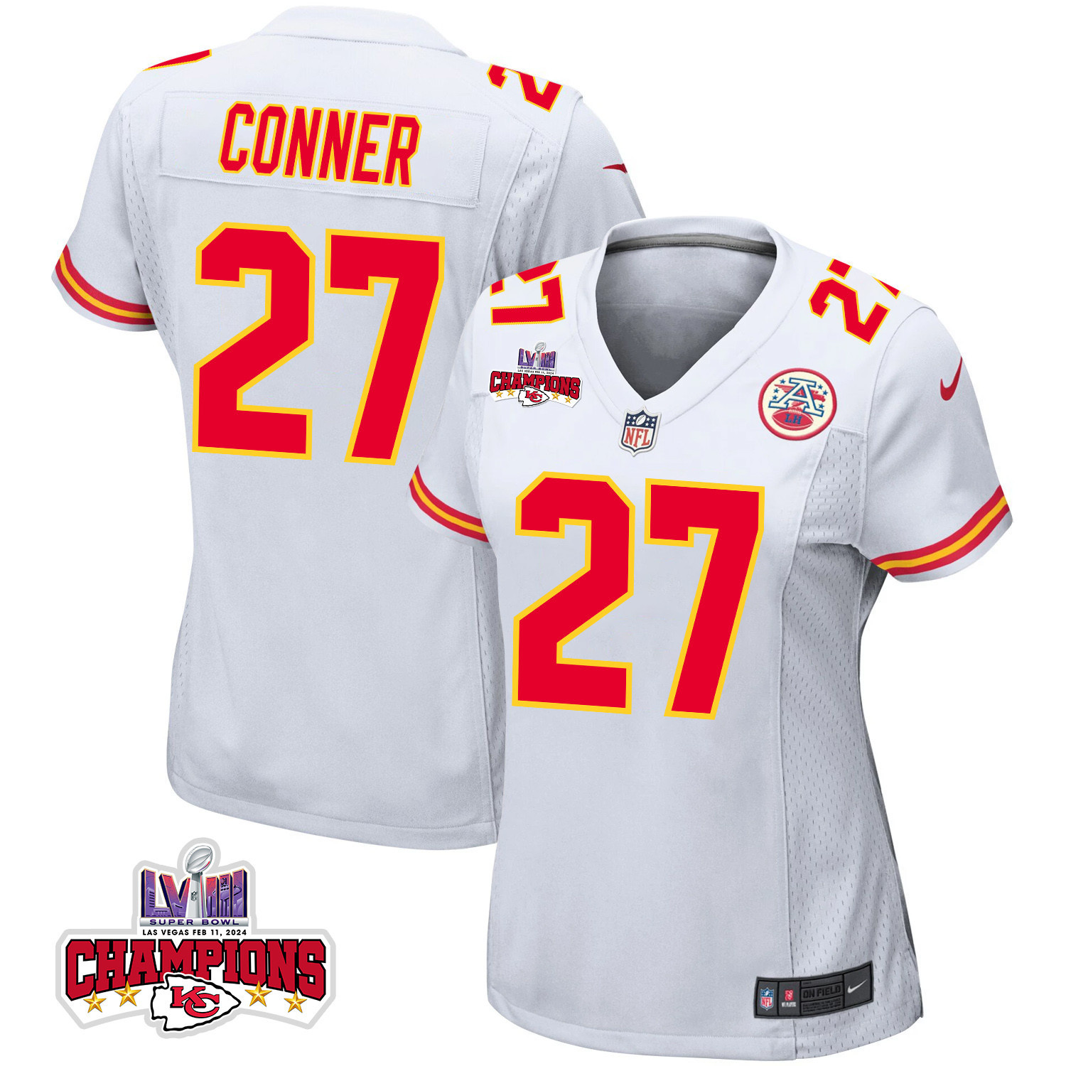 Chamarri Conner 27 Kansas City Chiefs Super Bowl LVIII Champions 4 Stars Patch Game Women Jersey - White JS5578 Saliibo