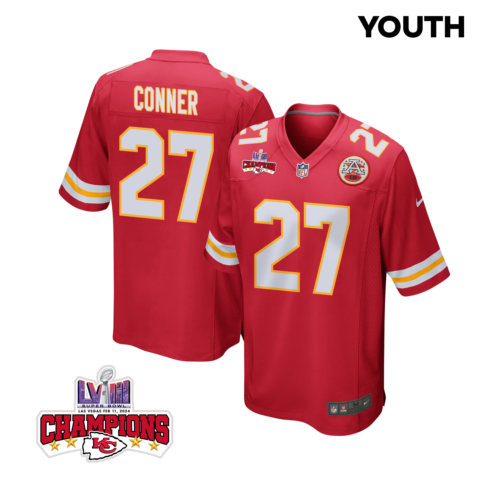 Chamarri Conner 27 Kansas City Chiefs Super Bowl LVIII Champions 4 Stars Patch Game YOUTH Jersey - Red JS9717 Saliibo