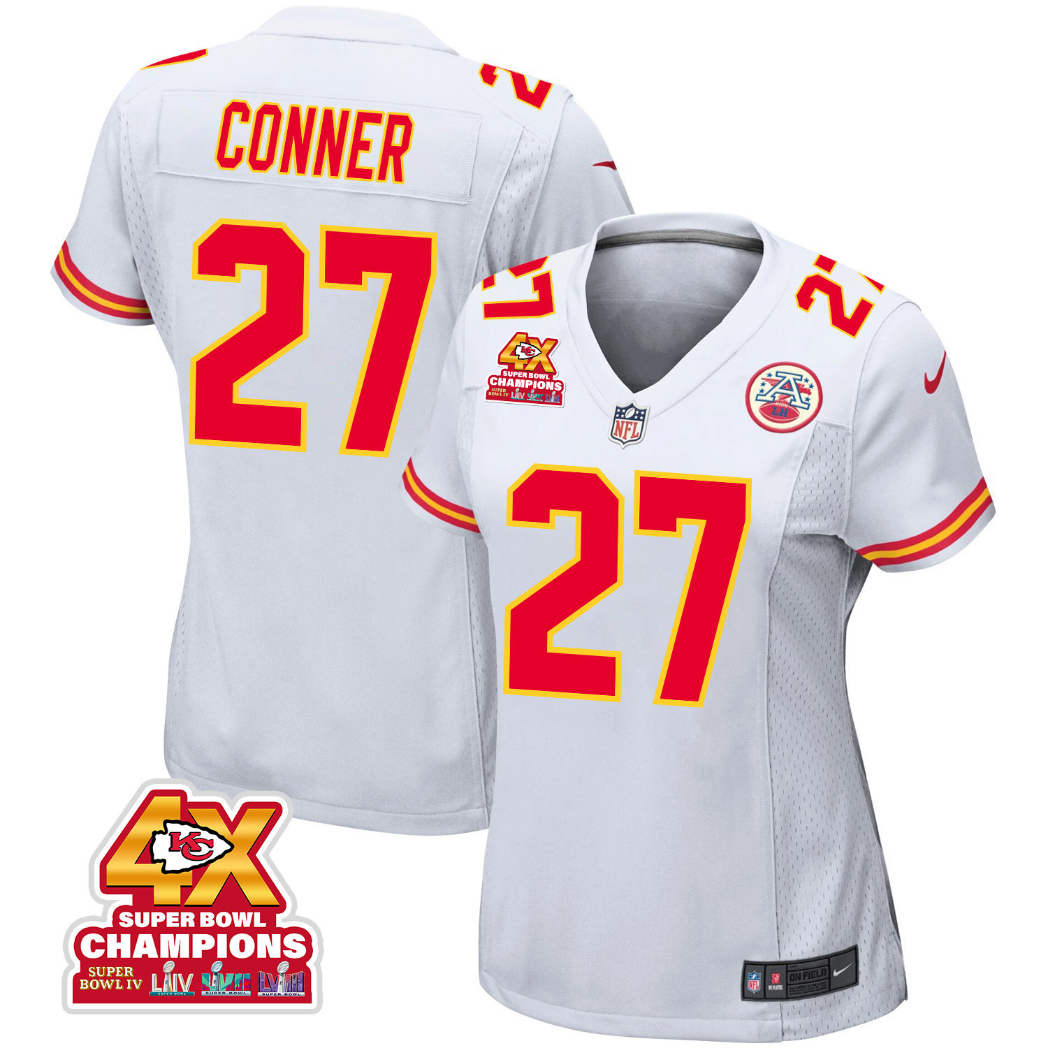 Chamarri Conner 27 Kansas City Chiefs Super Bowl LVIII Champions 4X Game Women Jersey - White JS1948 Saliibo