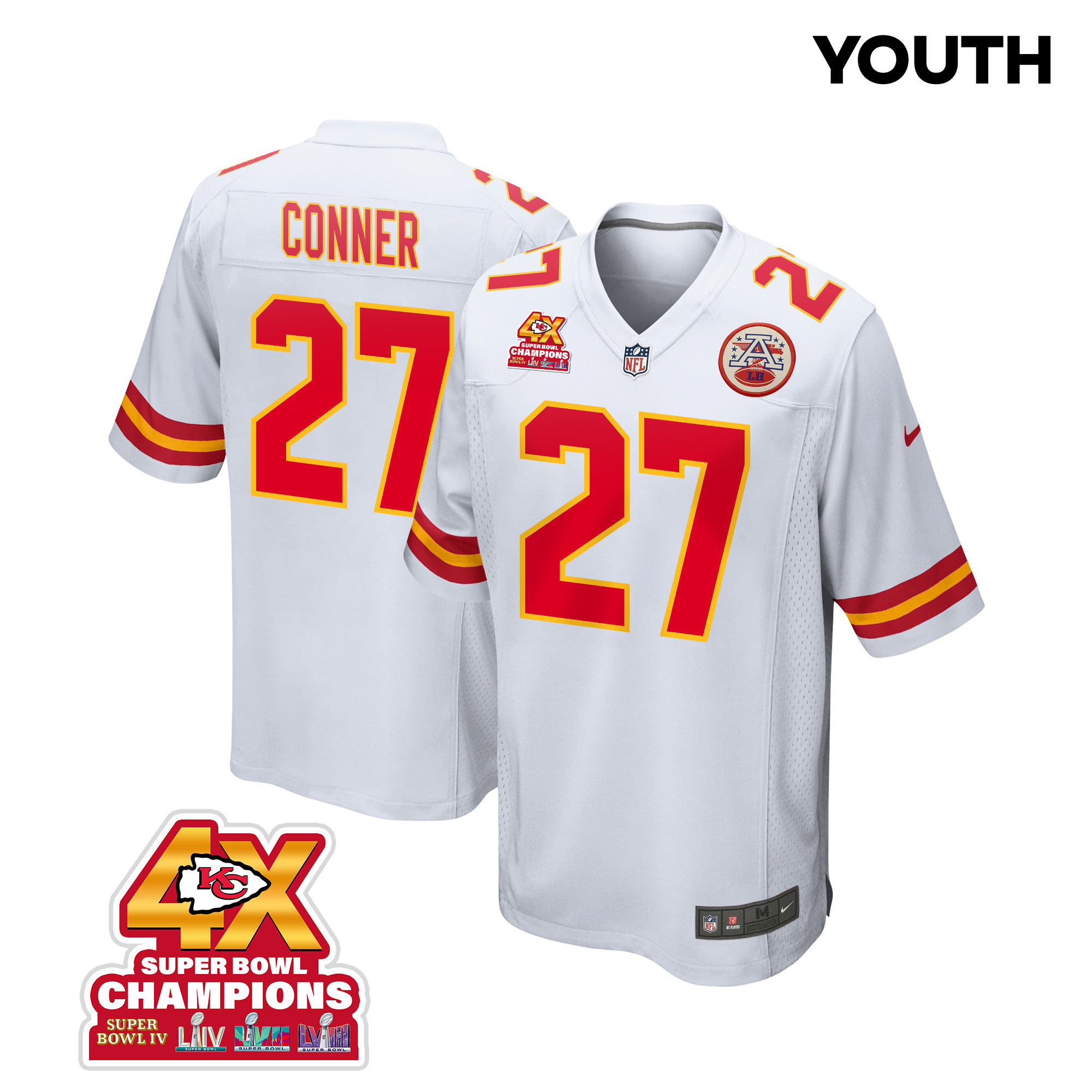 Chamarri Conner 27 Kansas City Chiefs Super Bowl LVIII Champions 4X Game YOUTH Jersey - White JS9939 Saliibo
