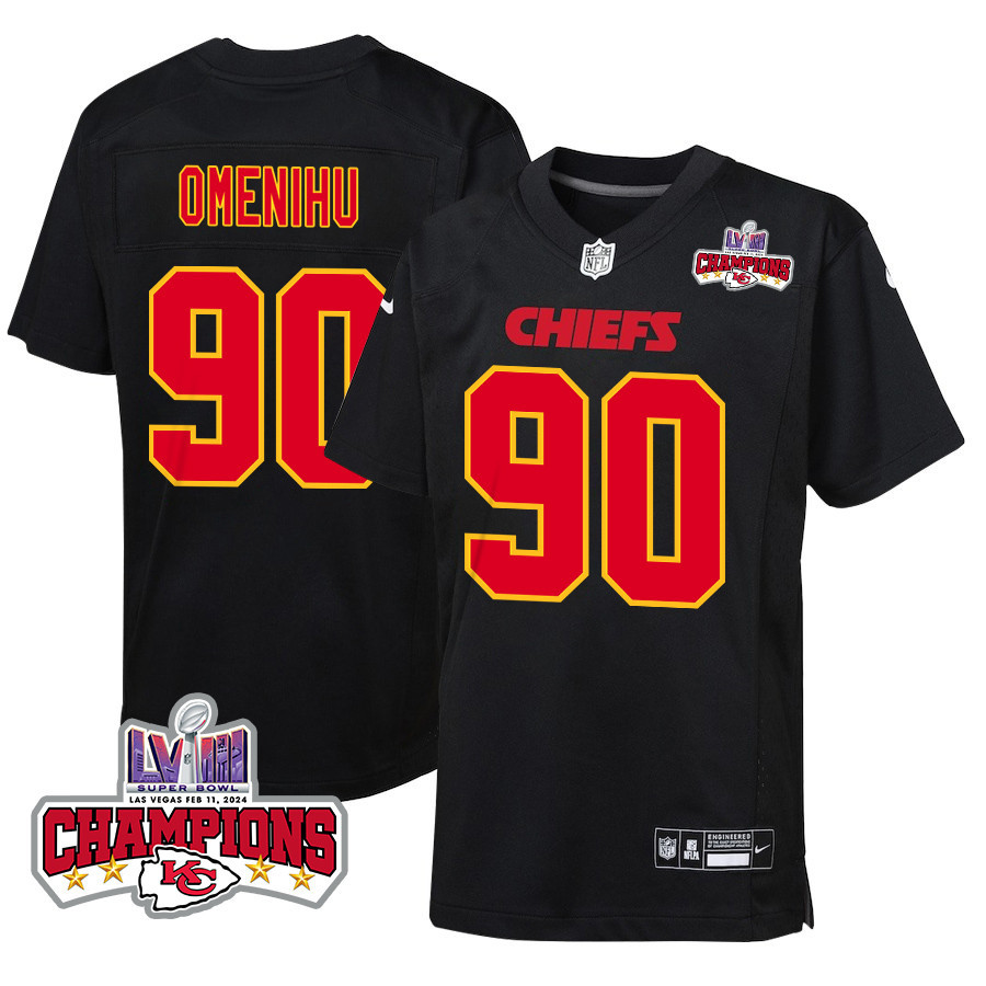 Charles Omenihu 90 Kansas City Chiefs Super Bowl LVIII Champions 4 Stars Patch Fashion Game YOUTH Jersey - Carbon Black JS8614 Saliibo