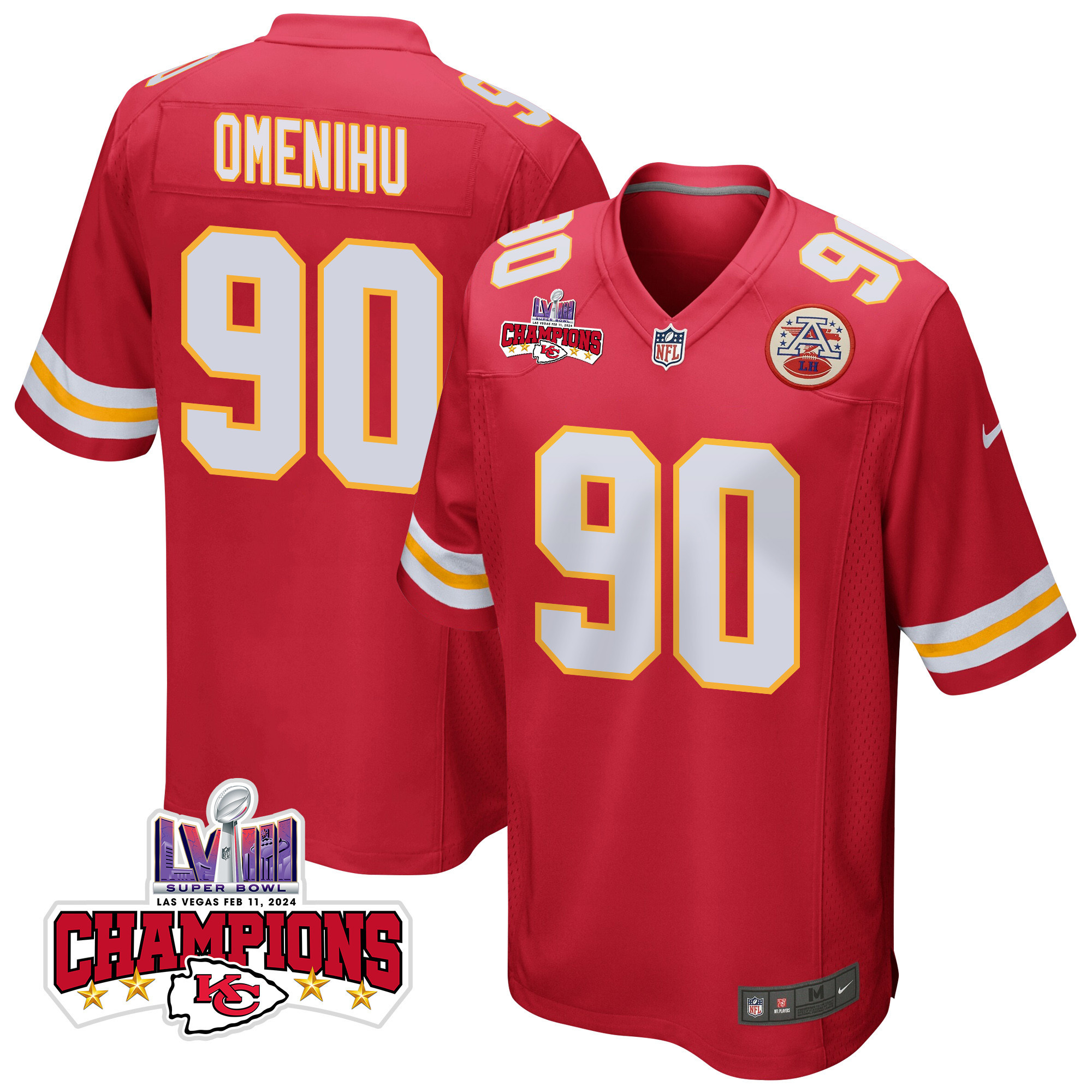 Charles Omenihu 90 Kansas City Chiefs Super Bowl LVIII Champions 4 Stars Patch Game Men Jersey - Red JS2814 Saliibo