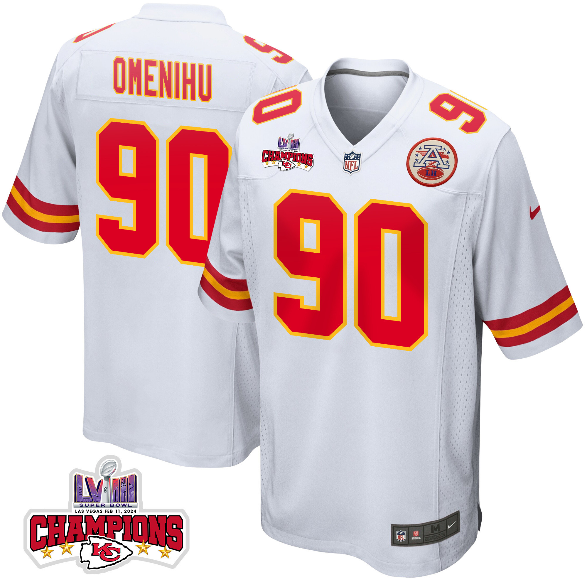 Charles Omenihu 90 Kansas City Chiefs Super Bowl LVIII Champions 4 Stars Patch Game Men Jersey - White JS2249 Saliibo