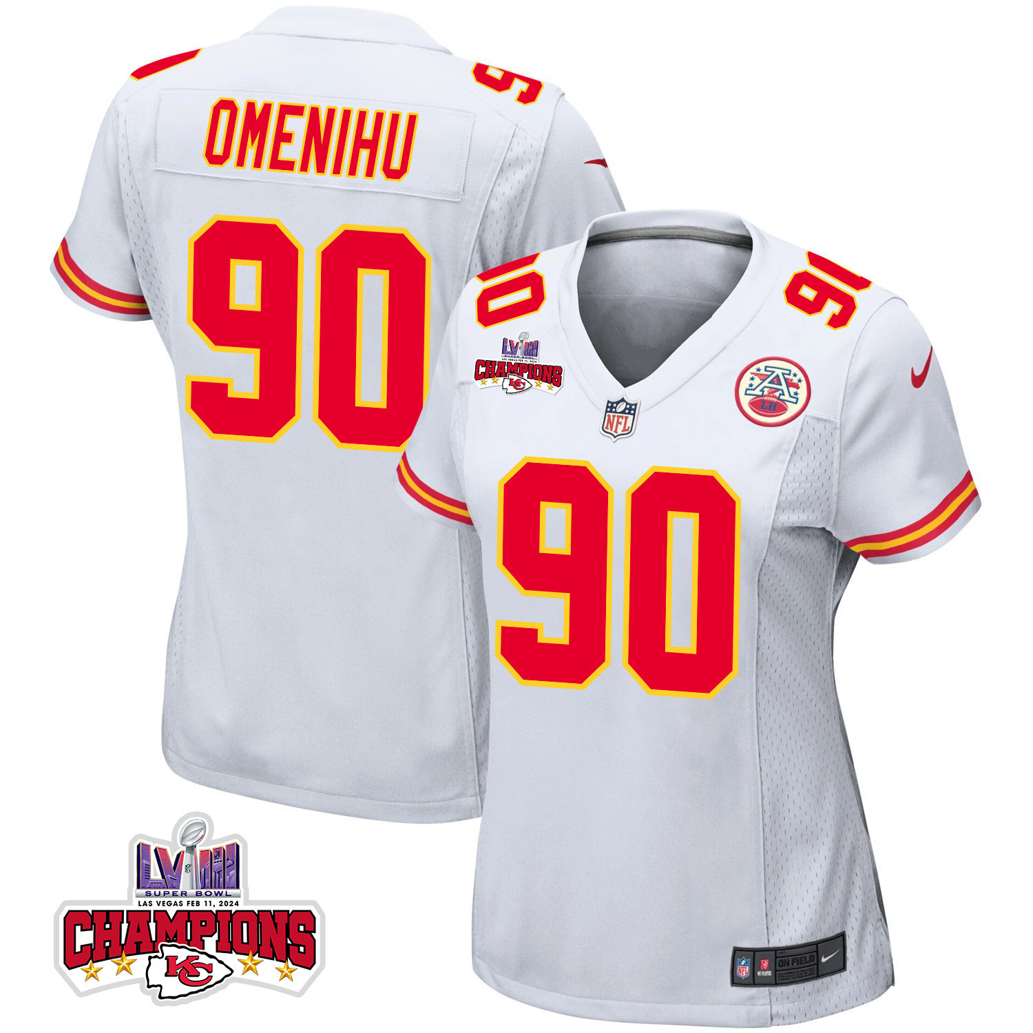 Charles Omenihu 90 Kansas City Chiefs Super Bowl LVIII Champions 4 Stars Patch Game Women Jersey - White JS7404 Saliibo