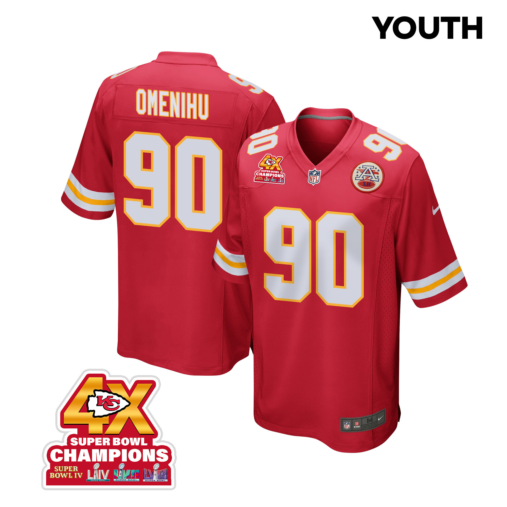 Charles Omenihu 90 Kansas City Chiefs Super Bowl LVIII Champions 4X Game YOUTH Jersey - Red JS7040 Saliibo