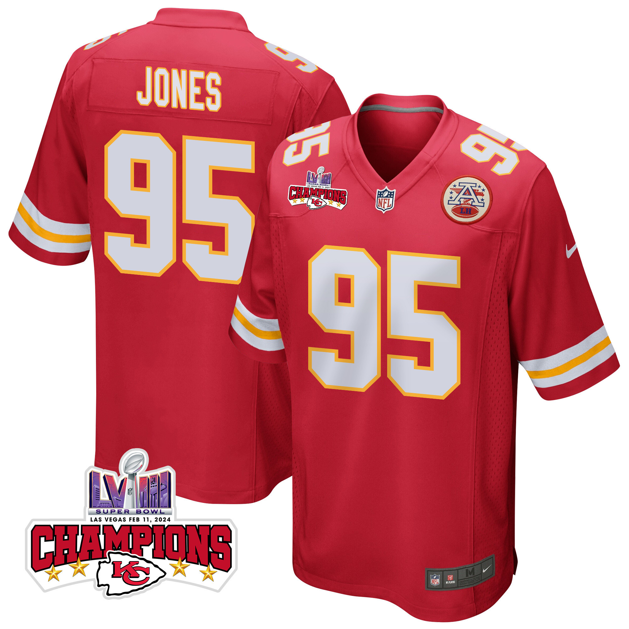 Chris Jones 95 Kansas City Chiefs Super Bowl LVIII Champions 4 Stars Patch Game Men Jersey - Red JS4877 Saliibo