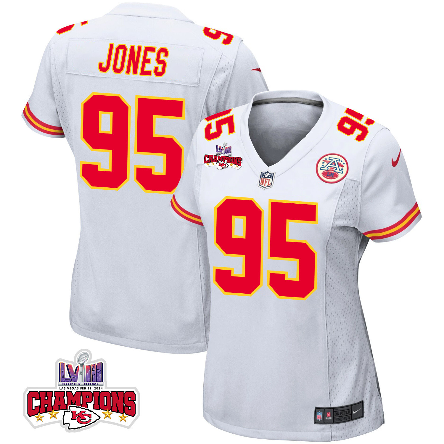 Chris Jones 95 Kansas City Chiefs Super Bowl LVIII Champions 4 Stars Patch Game Women Jersey - White JS1915 Saliibo