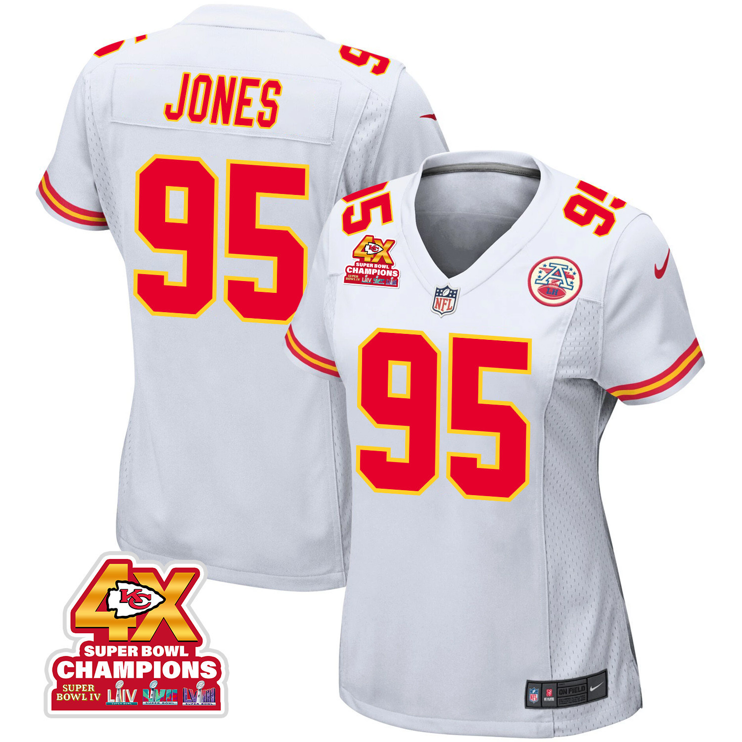 Chris Jones 95 Kansas City Chiefs Super Bowl LVIII Champions 4X Game Women Jersey - White JS2052 Saliibo