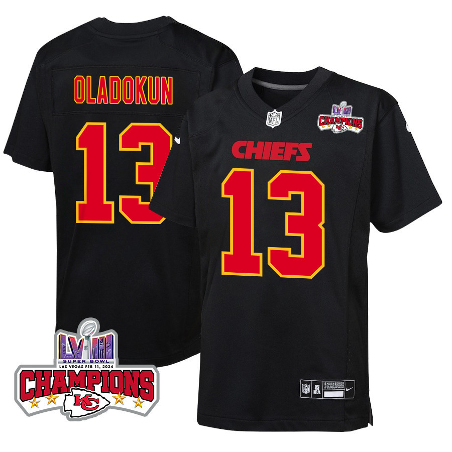 Chris Oladokun 13 Kansas City Chiefs Super Bowl LVIII Champions 4 Stars Patch Fashion Game YOUTH Jersey - Carbon Black JS9460 Saliibo
