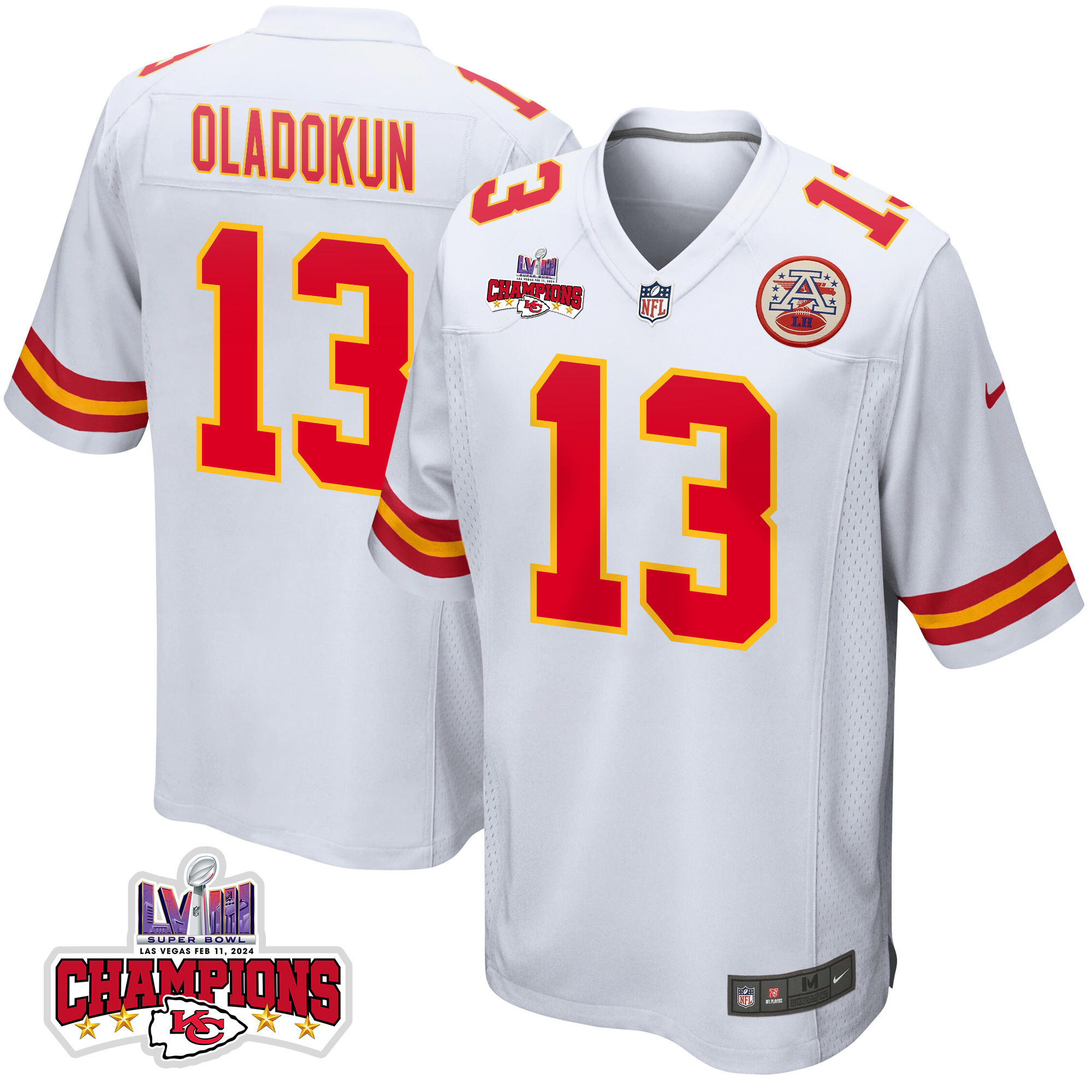 Chris Oladokun 13 Kansas City Chiefs Super Bowl LVIII Champions 4 Stars Patch Game Men Jersey - White JS3366 Saliibo