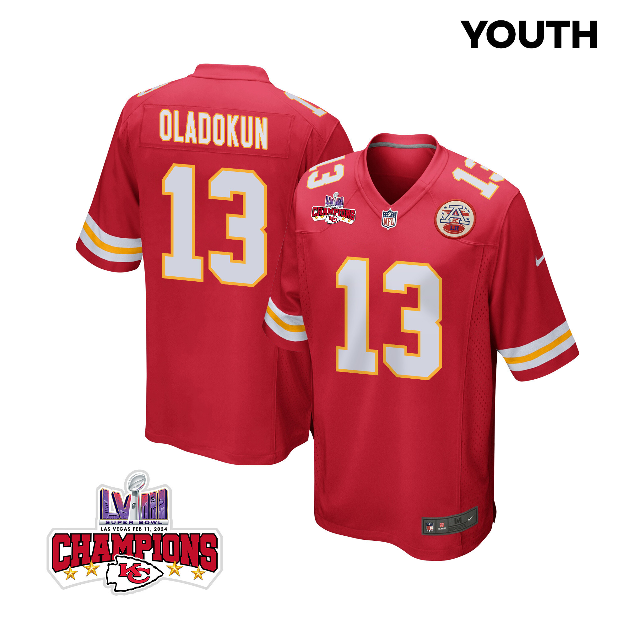 Chris Oladokun 13 Kansas City Chiefs Super Bowl LVIII Champions 4 Stars Patch Game YOUTH Jersey - Red JS7327 Saliibo