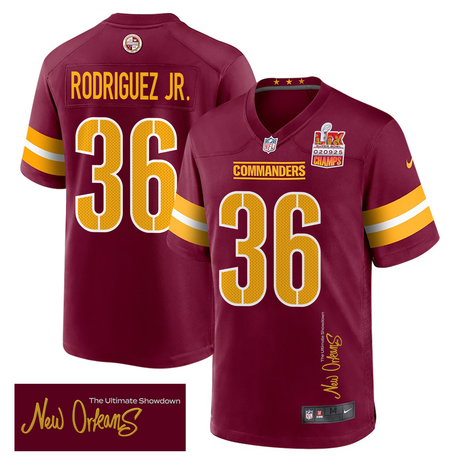 Chris Rodriguez Jr. 36 Washington Commanders Super Bowl LIX Champions Patch 'New Orleans - The Ultimate Showdown' EMBROIDERED Game Men Jersey - Burgundy JS9749 Saliibo