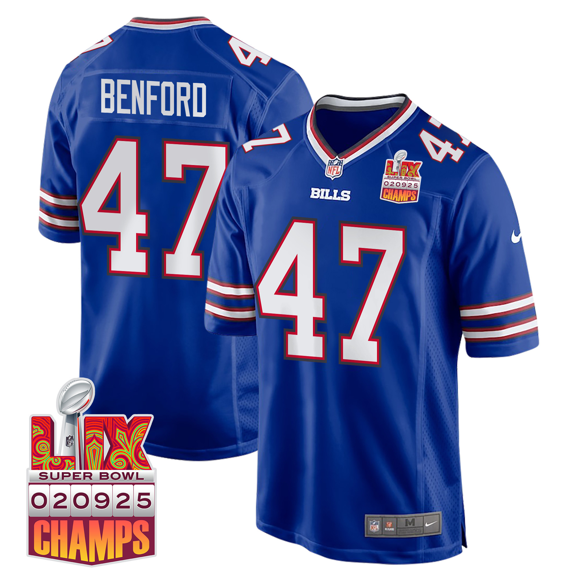 Christian Benford 47 Buffalo Bills Super Bowl LIX Champions Patch Game Men Jersey - Royal JS7429 Saliibo
