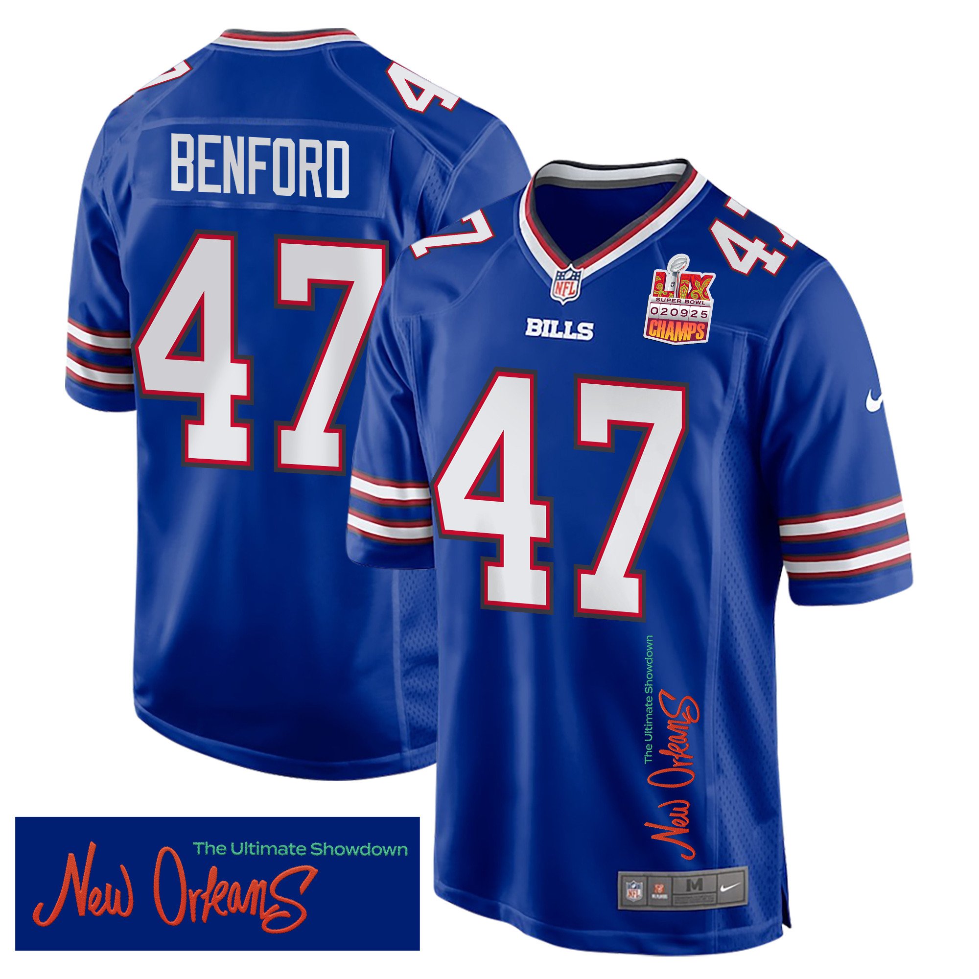 Christian Benford 47 Buffalo Bills Super Bowl LIX Champions Patch 'New Orleans - The Ultimate Showdown' EMBROIDERED Game Men Jersey - Royal JS8219 Saliibo