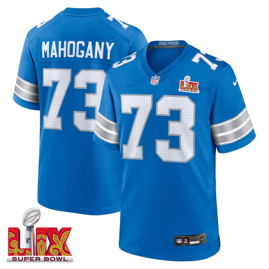 Christian Mahogany #73 Detroit Lions Super Bowl LIX Jersey - Men's - Blue JS6983 Saliibo