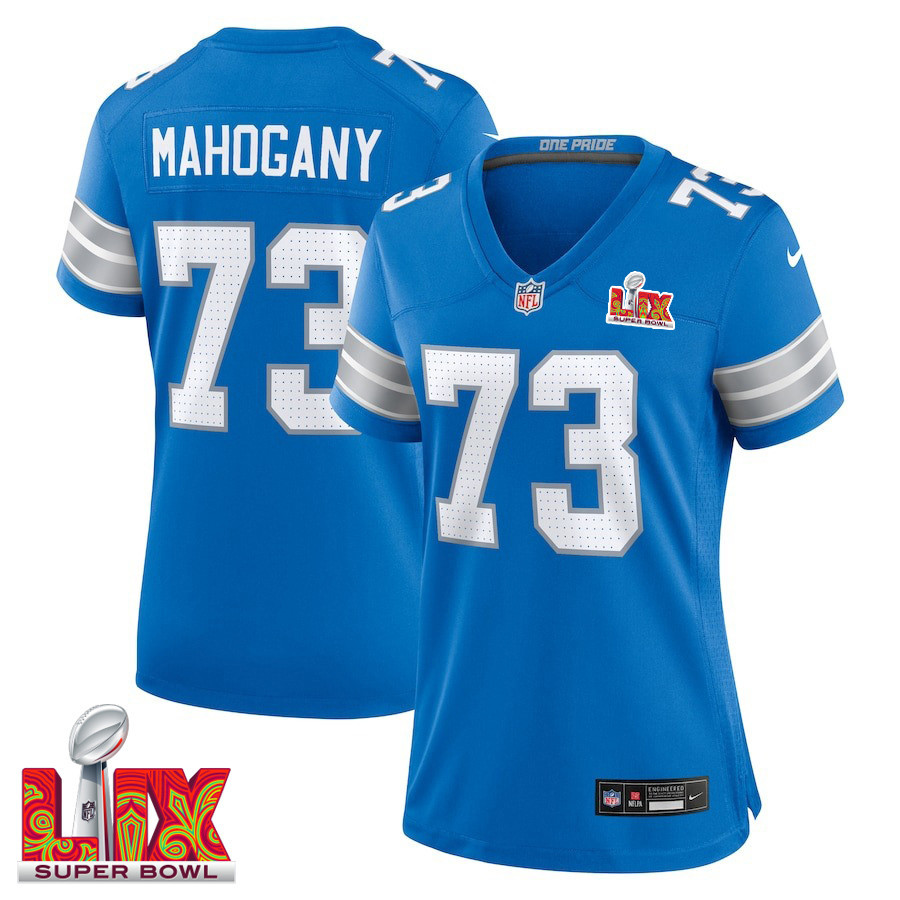 Christian Mahogany #73 Detroit Lions Super Bowl LIX Women's Jersey - Blue JS1339 Saliibo