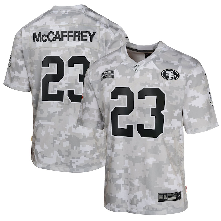 Christian McCaffrey 23 San Francisco 49ers 2024 Salute to Service Game YOUTH Jersey - Arctic Camo JS8325 Saliibo